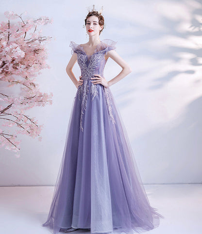 Purple tulle sequins long prom dress A line evening dress  10463