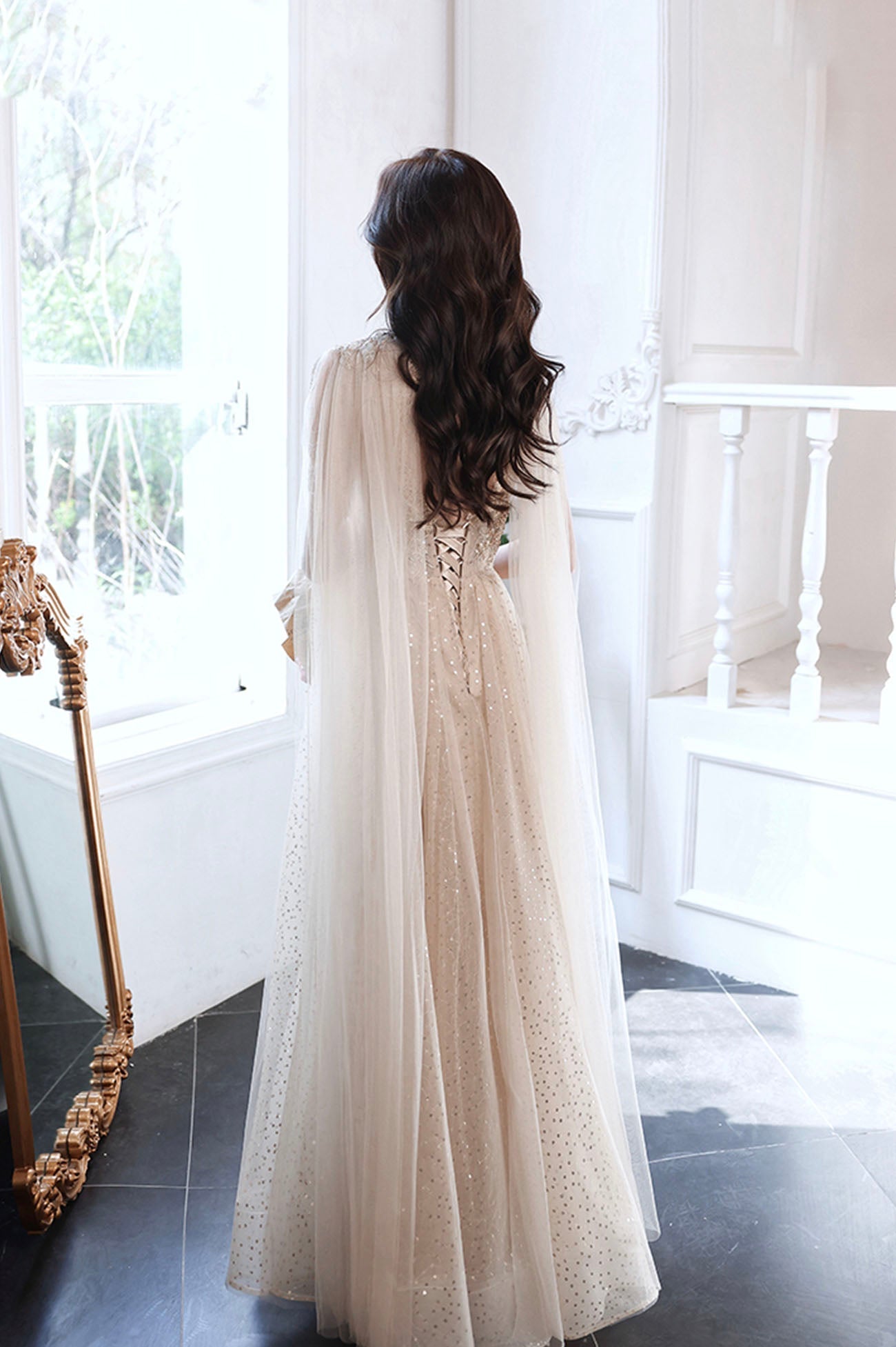 Champagne tulle sequins long prom dress evening dress  10605