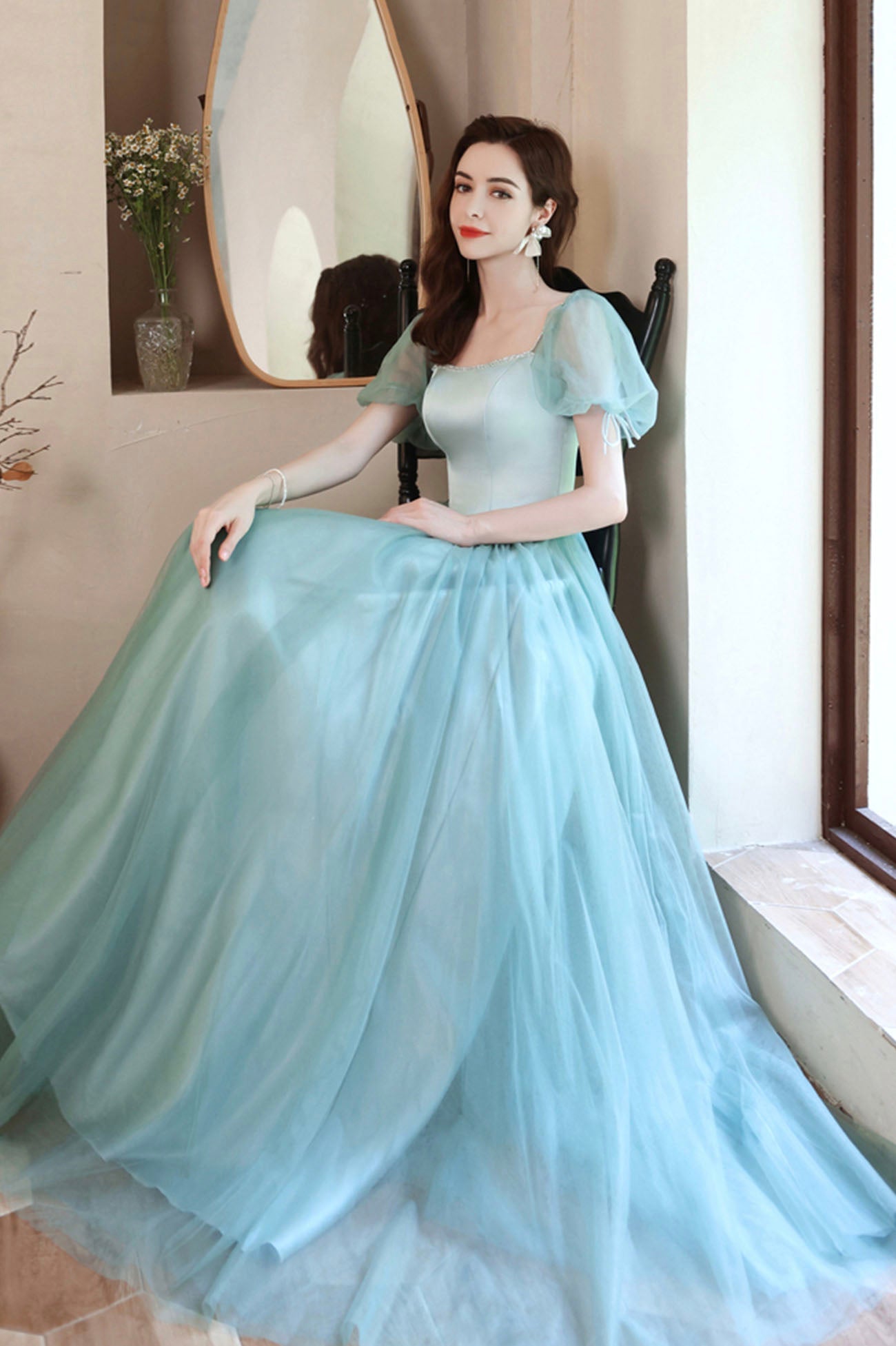 Green satin tulle long prom dress green evening dress  10618