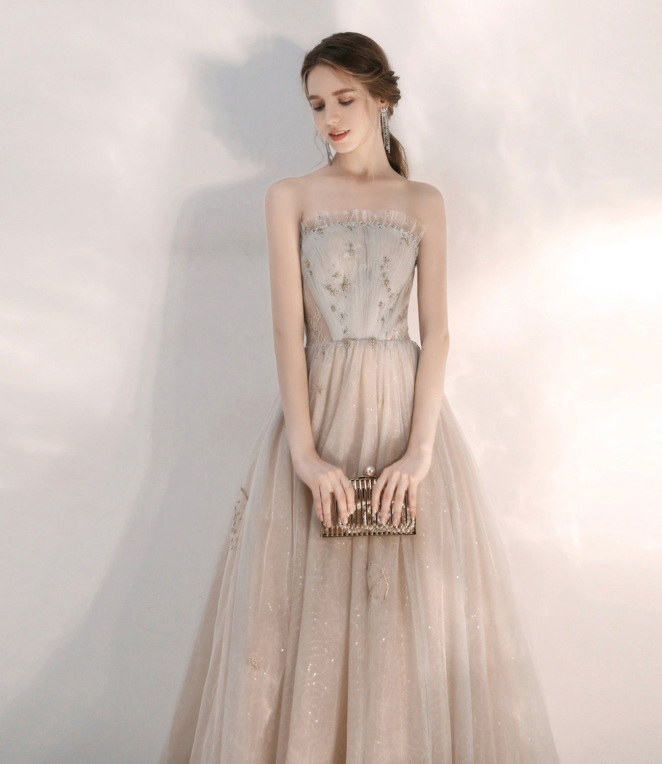 Champagne tulle sequins long prom dress A line evening dress  10472