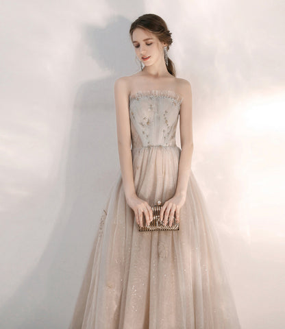 Champagne tulle sequins long prom dress A line evening dress  10472