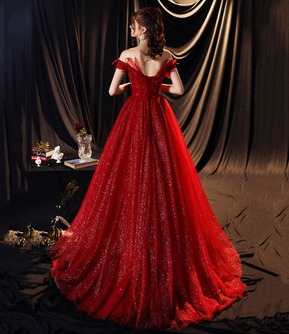 Red tulle sequins long prom dress A line evening gown  10355