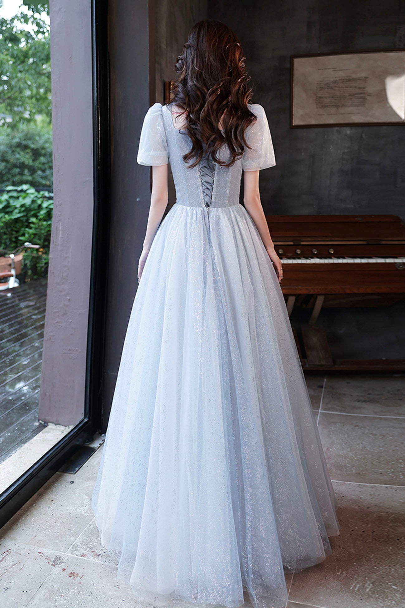 Cute tulle beads long prom dress blue evening dress  10596