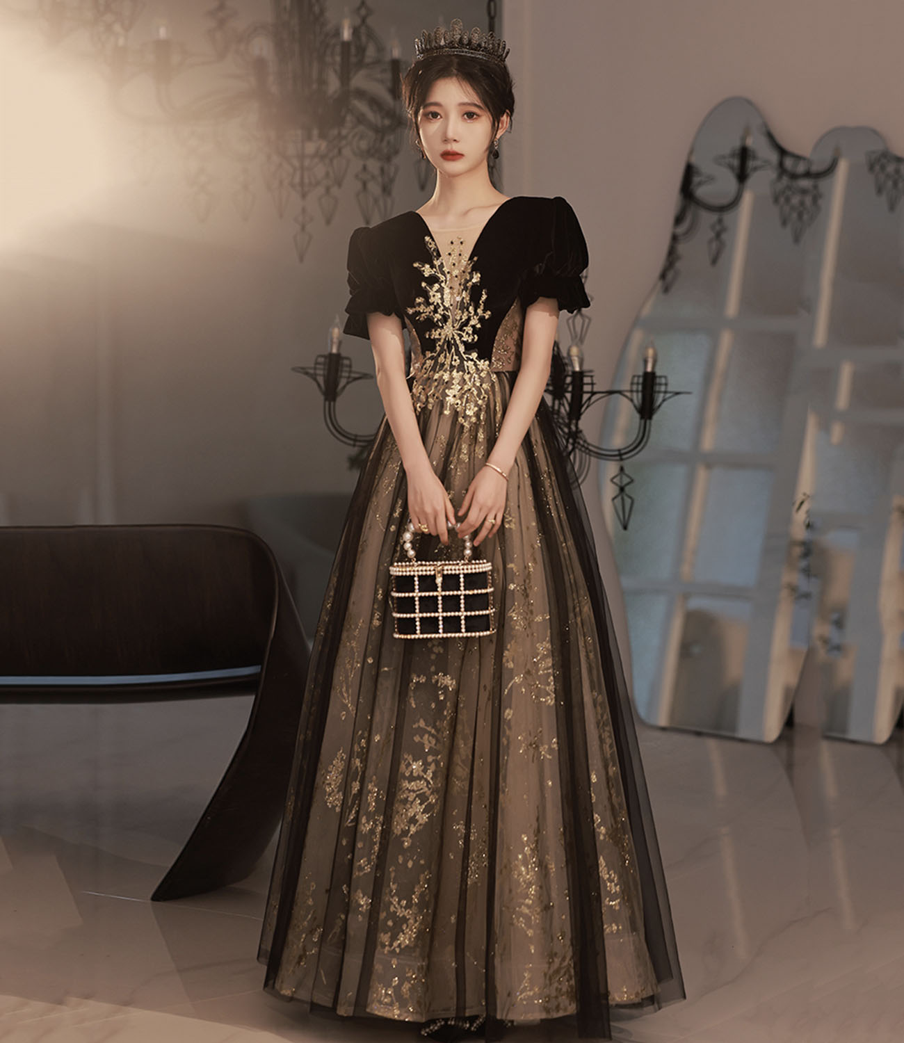 Black tulle sequins long prom dress A line evening dress  10441