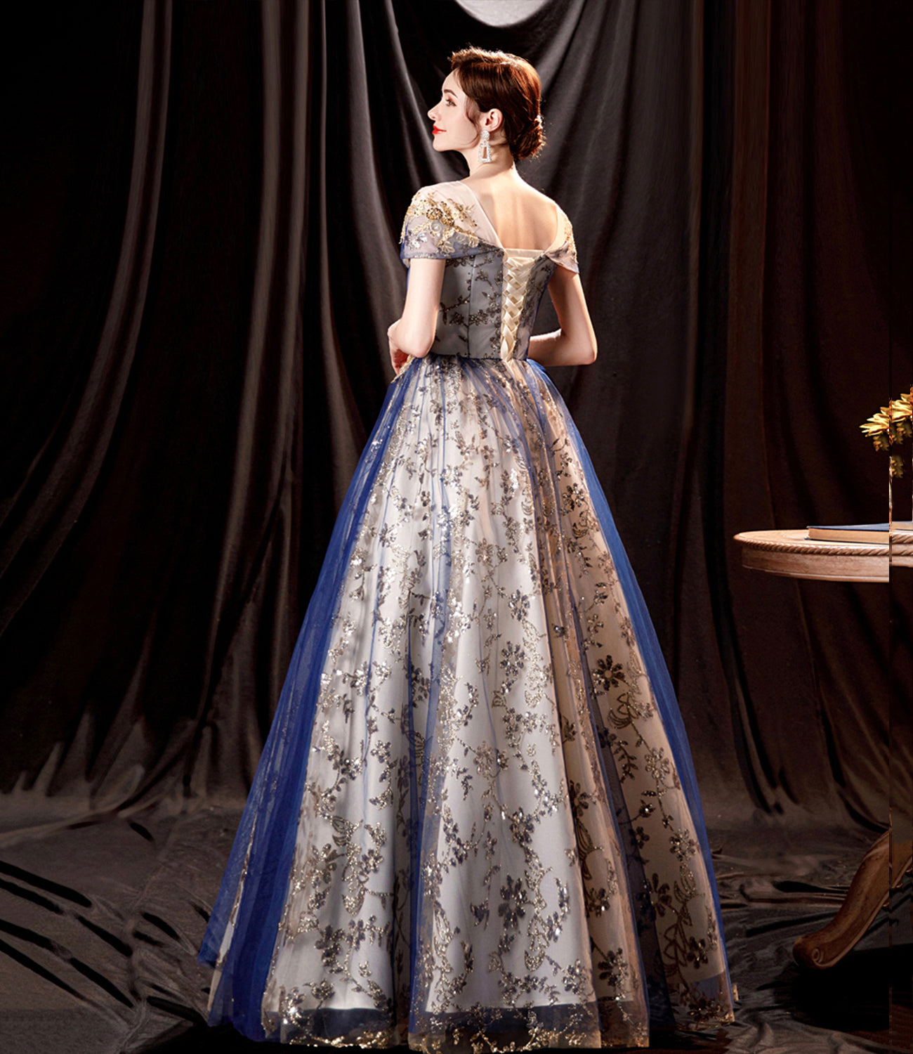 Blue tulle sequins long prom dress evening gown  10361
