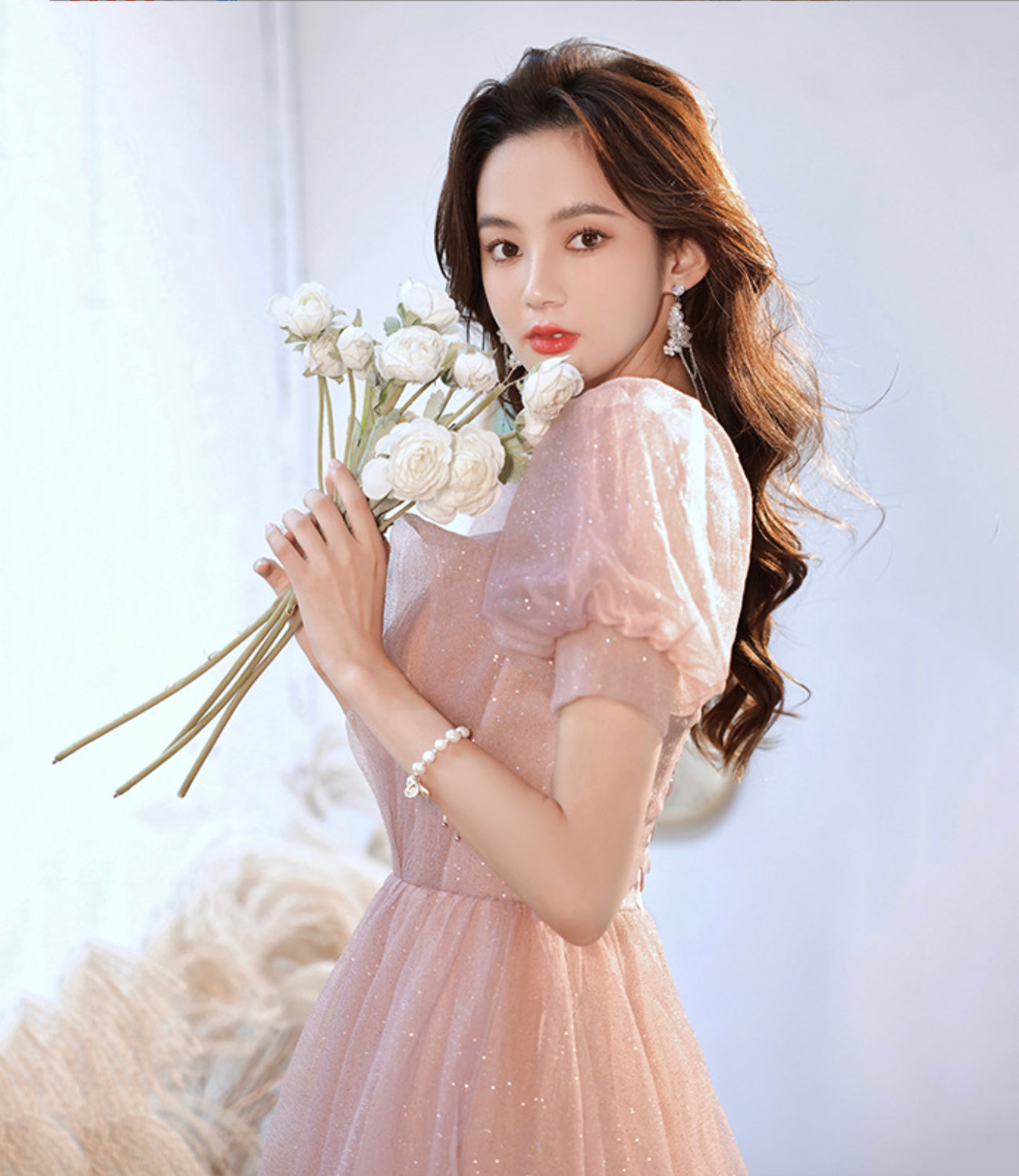 Cute tulle long prom dress pink A line evening dress  10524