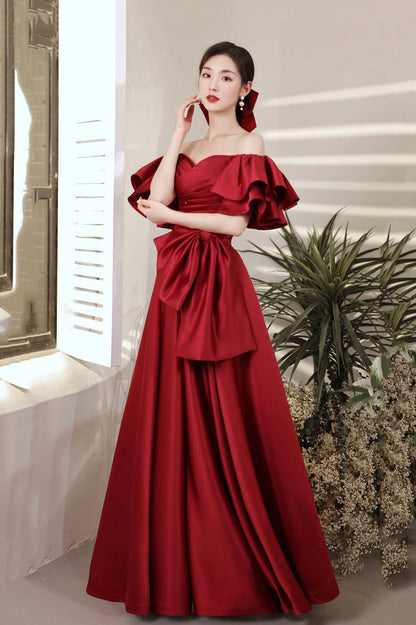 Burgundy satin long prom dress A line evening dress  10601
