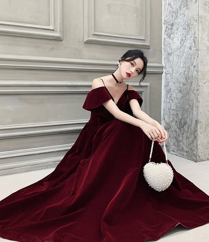 Burgundy velvet long prom dress A line evening gown  10370