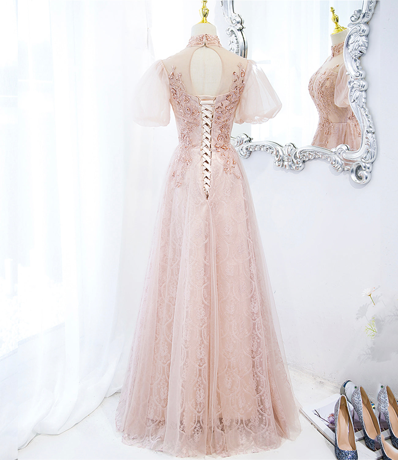 Pink tulle beads long prom dress A line evening dress  10400