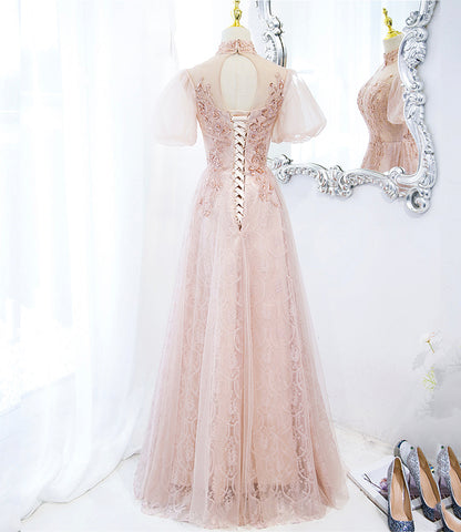 Pink tulle beads long prom dress A line evening dress  10400