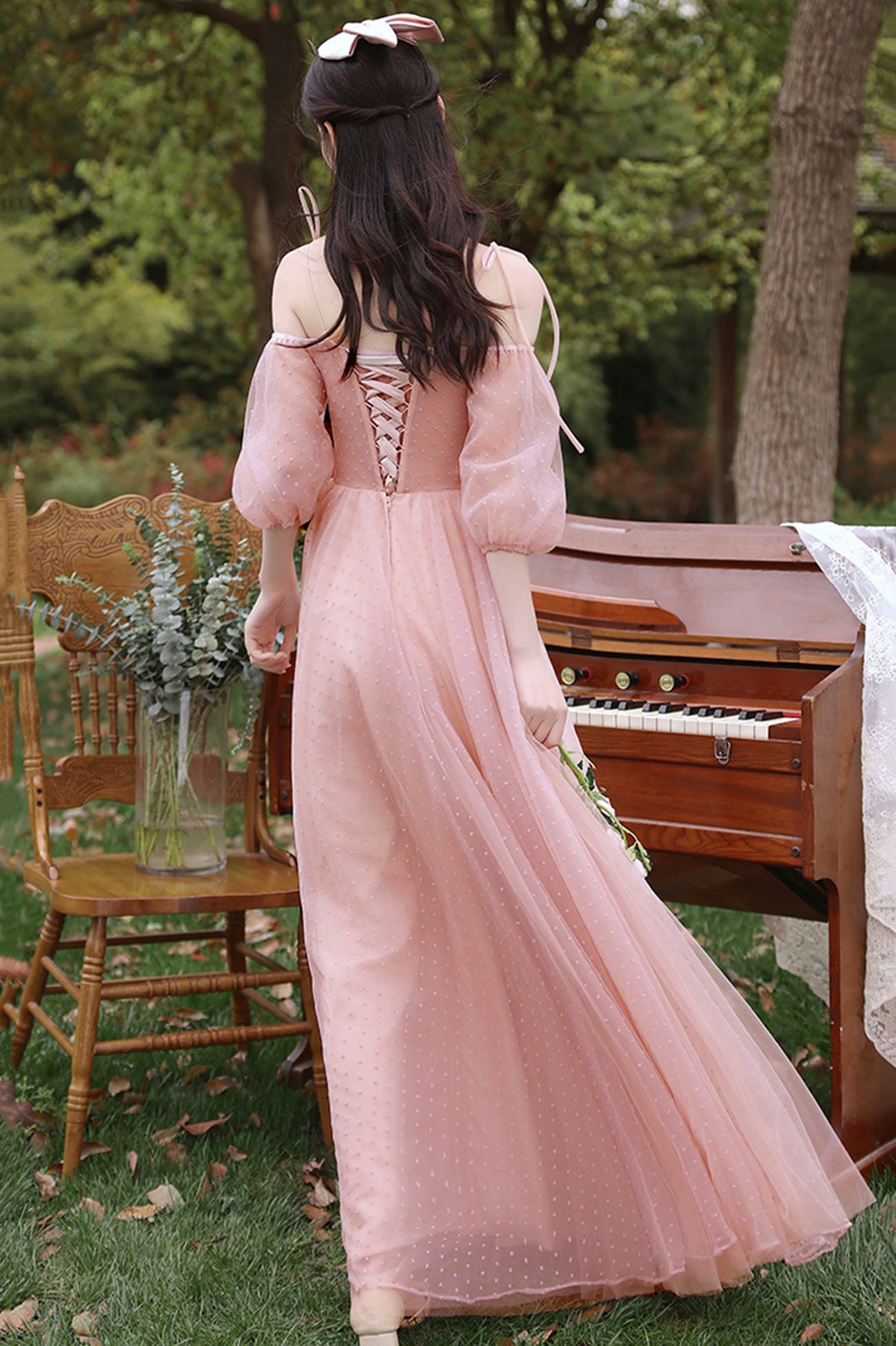 Pink tulle long prom dress A line evening dress  10587