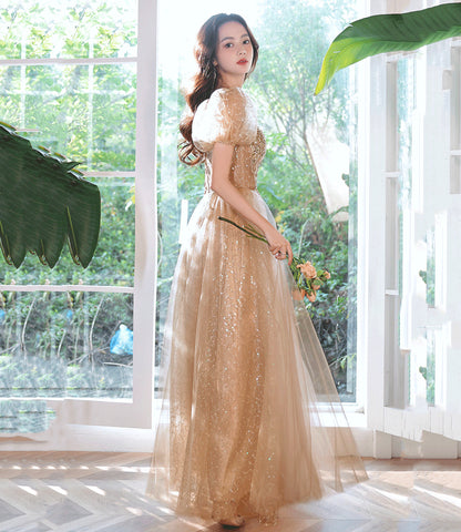 Shiny tulle sequins long prom dress A line evening dress  10389