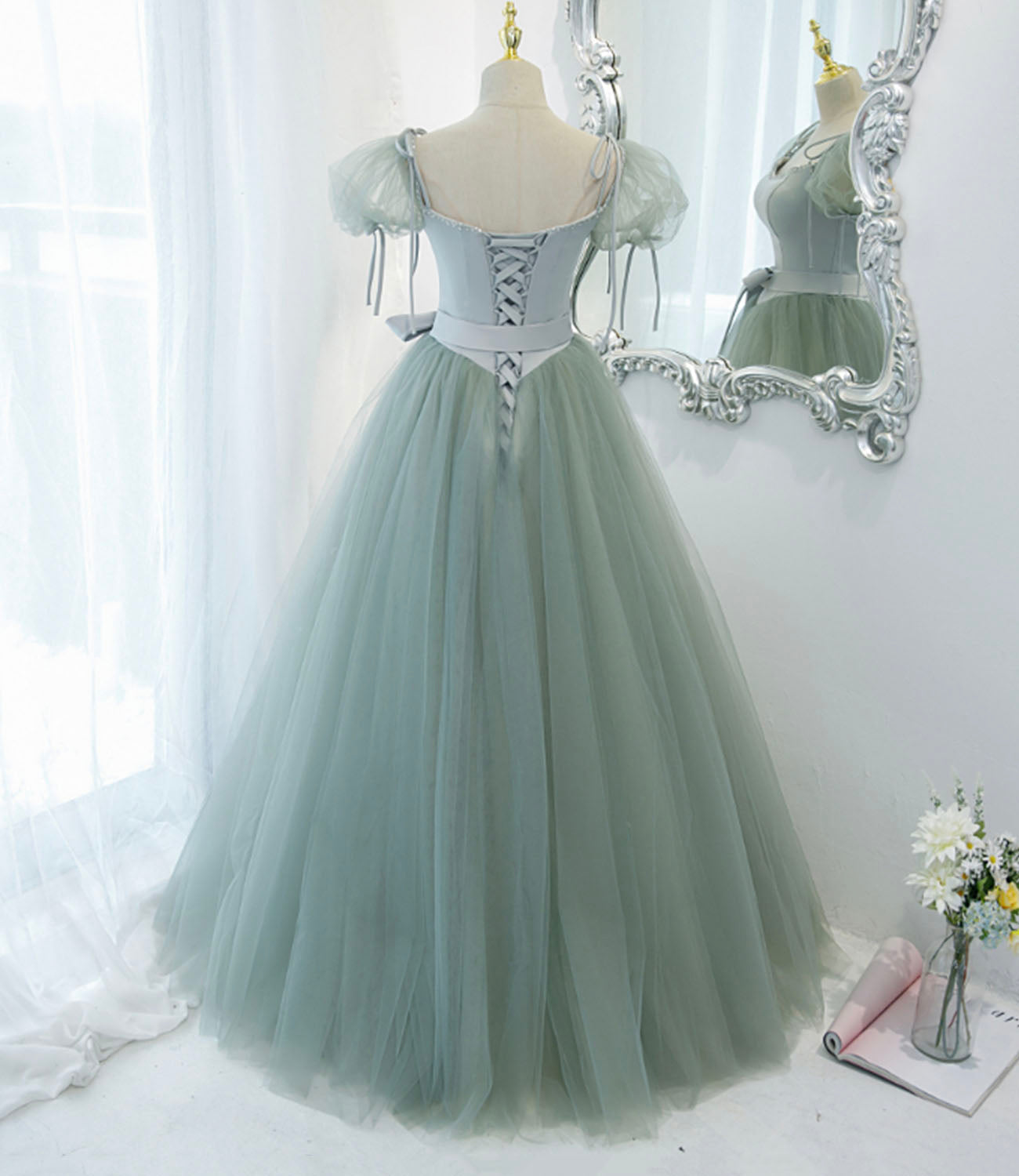 Green satin tulle long prom dress A line evening dress  10445