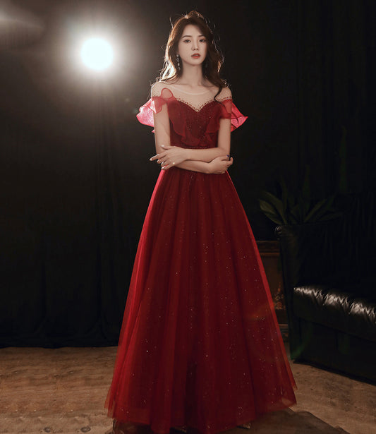 Burgundy tulle beads long prom dress A line evening gown  10481