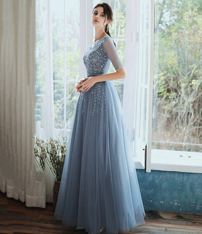 Blue tulle beads long prom dress A line evening gown  10333