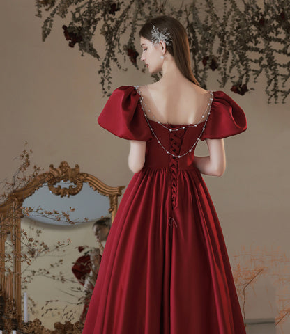 Burgundy satin long prom dress evening dress  10473