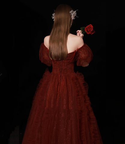 Burgundy tulle long prom dress A line evening gown  10439