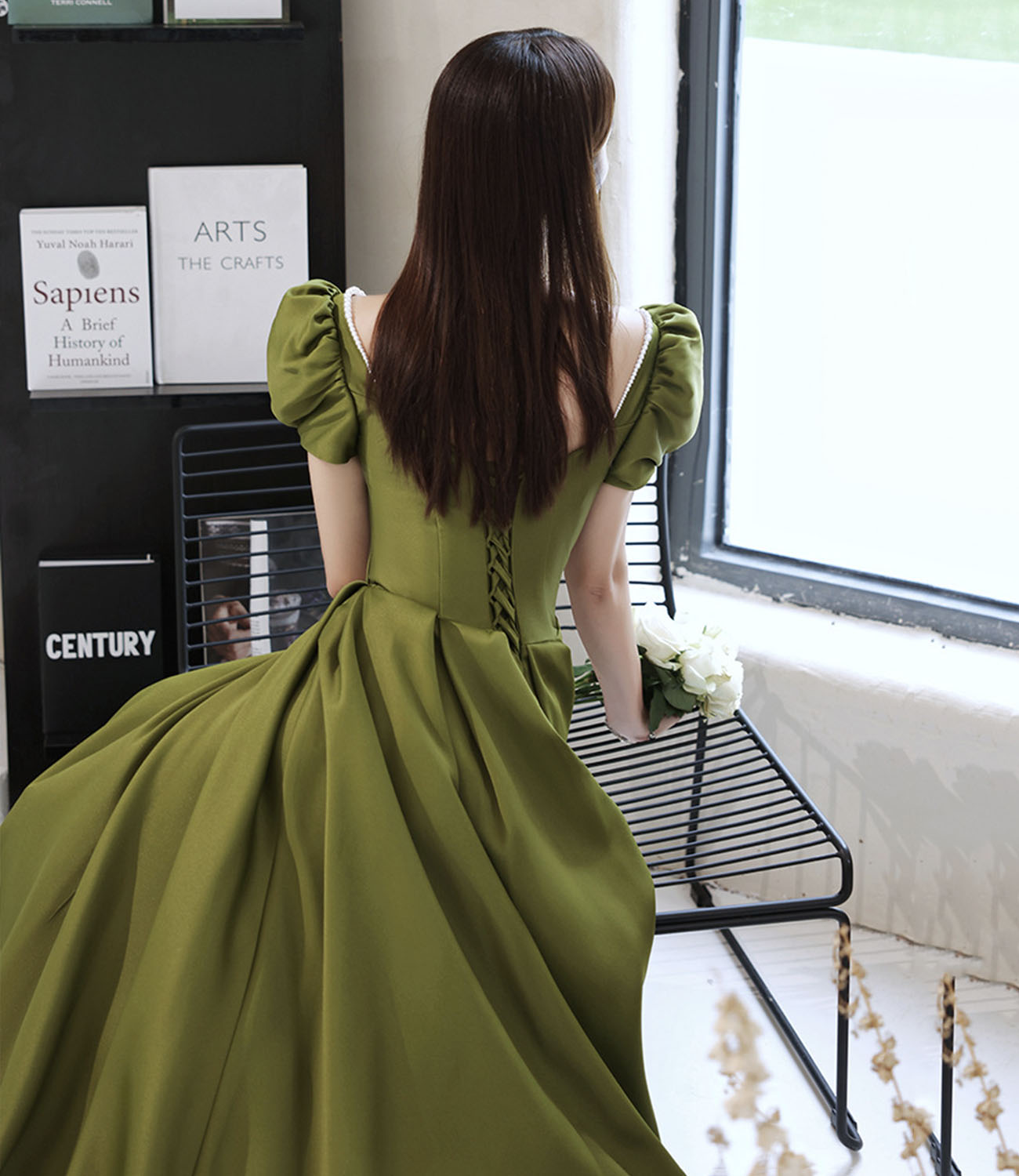 Green satin long prom dress A line evening dress  10431