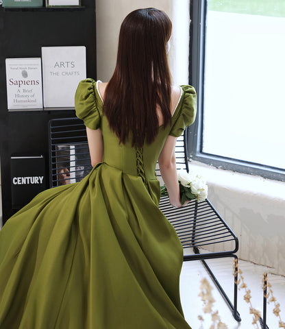 Green satin long prom dress A line evening dress  10431