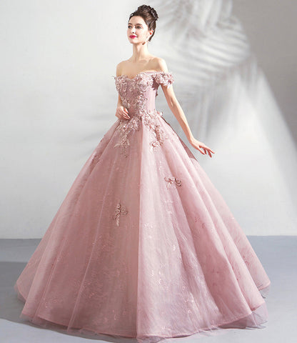 Pink tulle lace long prom dress A line evening gown  10359
