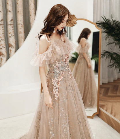 Champagne tulle sequins long prom dress evening dress  10390