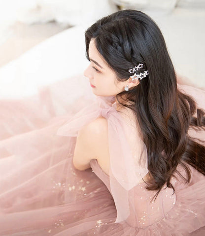 Pink tulle long prom dress A line evening dress  10421