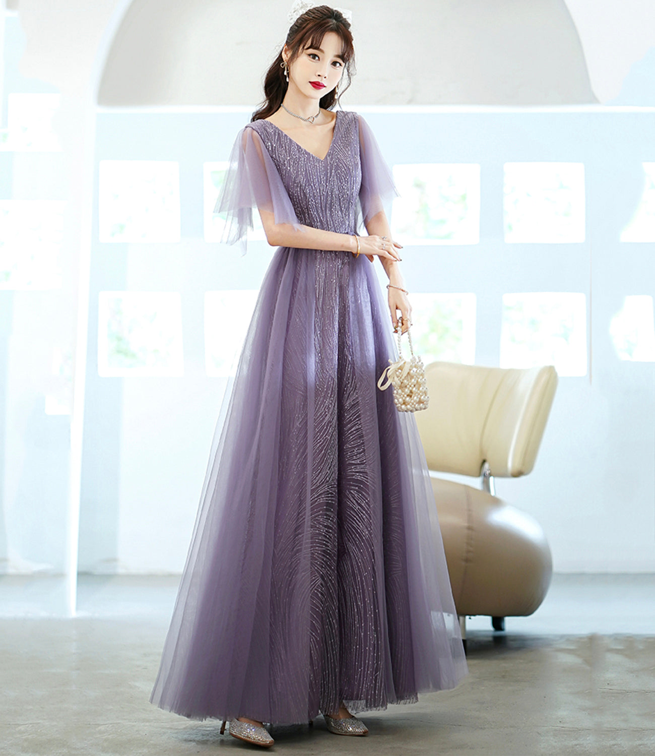 Purple tulle sequins long prom dress A line evening dress  10462