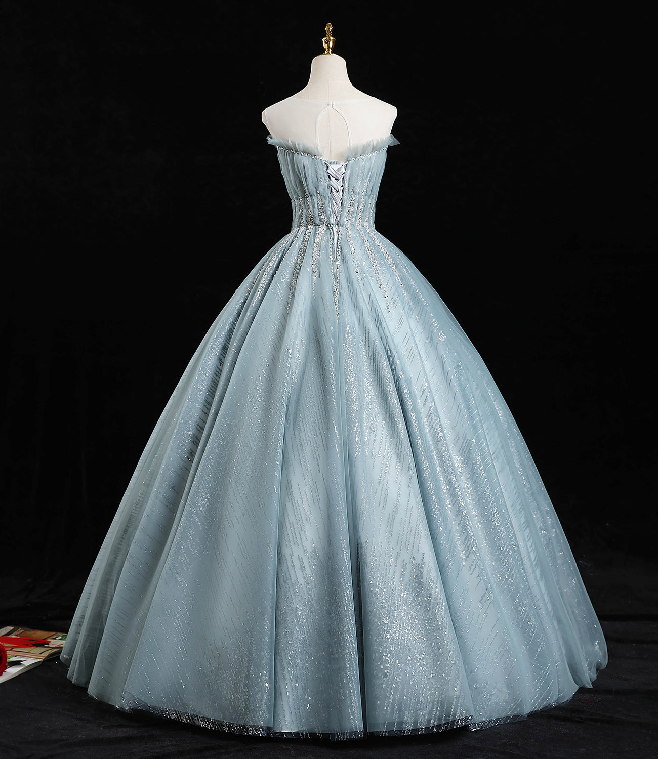 Blue tulle sequins long prom dress A line formal dress  10456