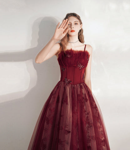 Burgundy tulle long prom dress A line evening gown  10374