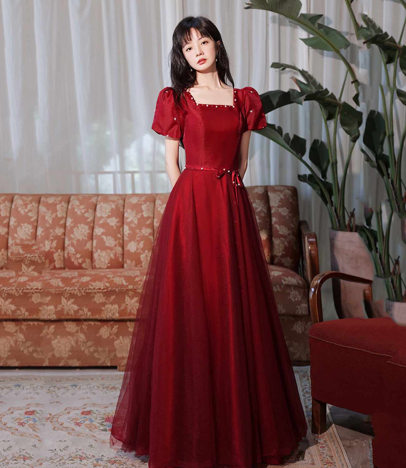 Burgundy satin tulle long prom dress A line evenig dress  10383