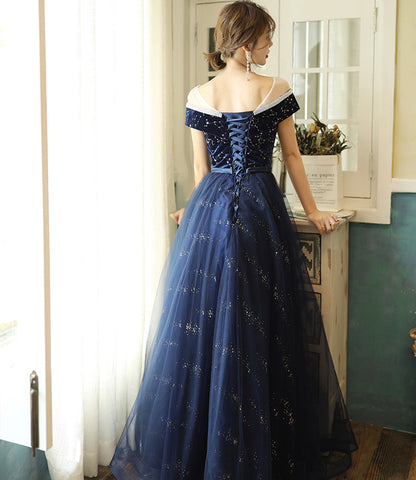 Blue velvet tulle long prom dress evening dress  10384