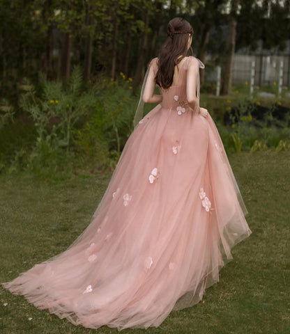 Pink 3D Flowers Long Prom Dress A line Evening Dress  10466