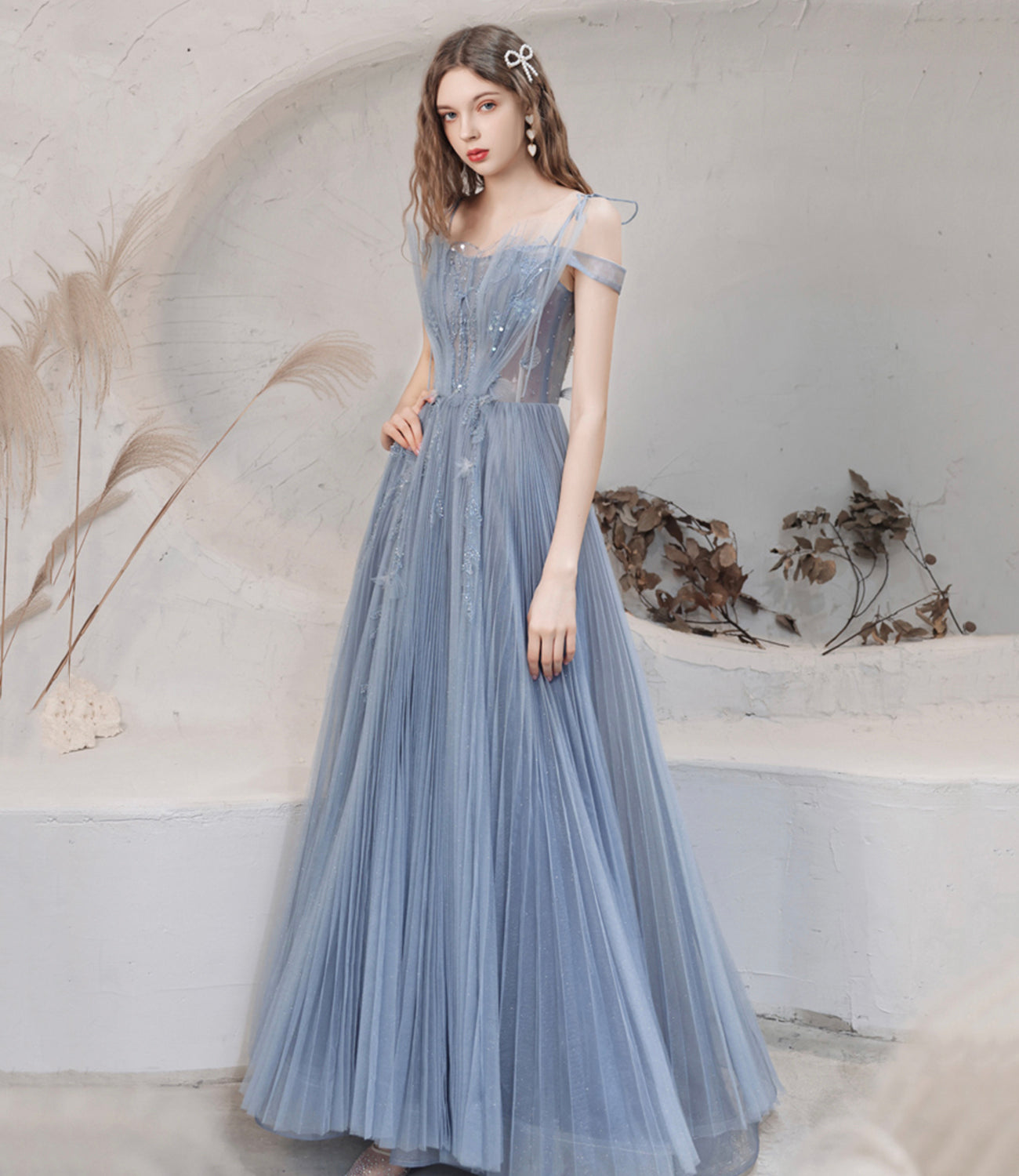Blue tulle sequins long prom dress blue evening dress  10478