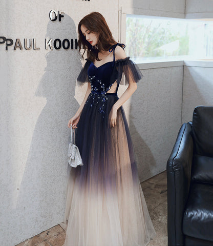 Blue velvet tulle long prom dress A line evening dress  10365