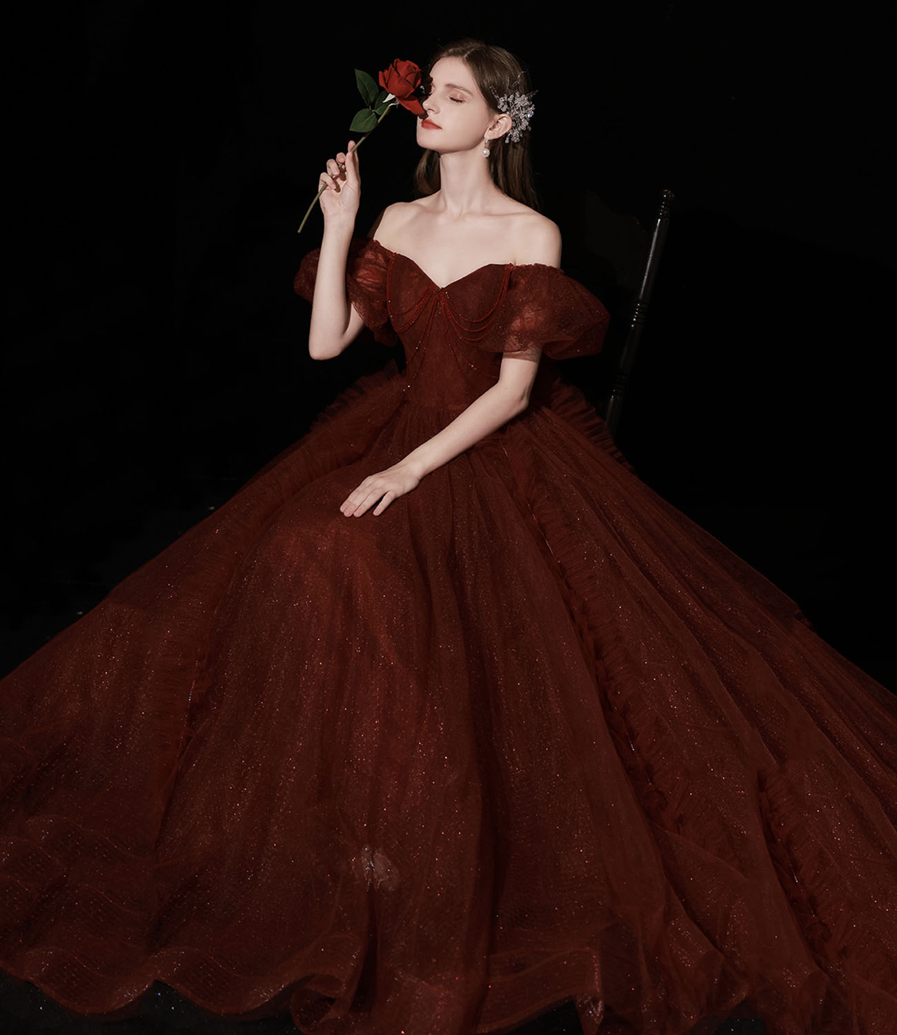 Burgundy tulle long prom dress A line evening gown  10439
