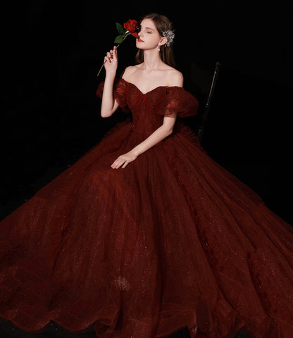 Burgundy tulle long prom dress A line evening gown  10439