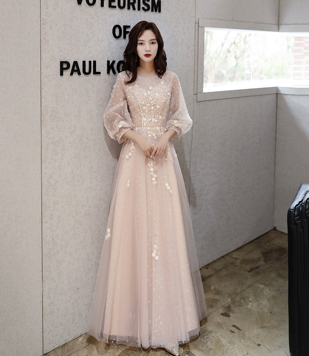 Pink Elegant Fashion A-line Lace Long sleeves Long Tulle Ball Gown Evening Gown Bridesmaid Dress  10468