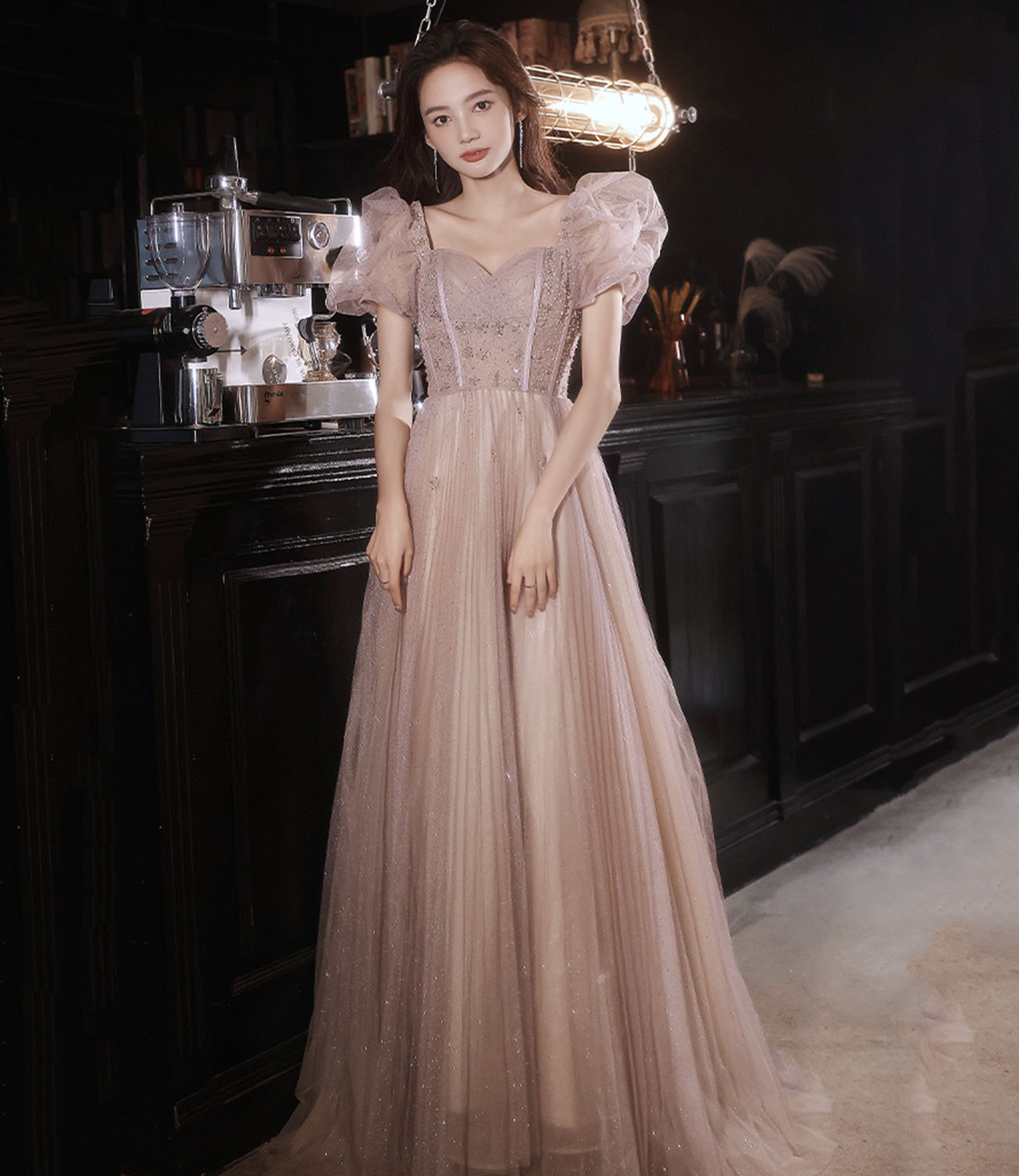 Pink tulle beads long prom dress A line evening dress  10320