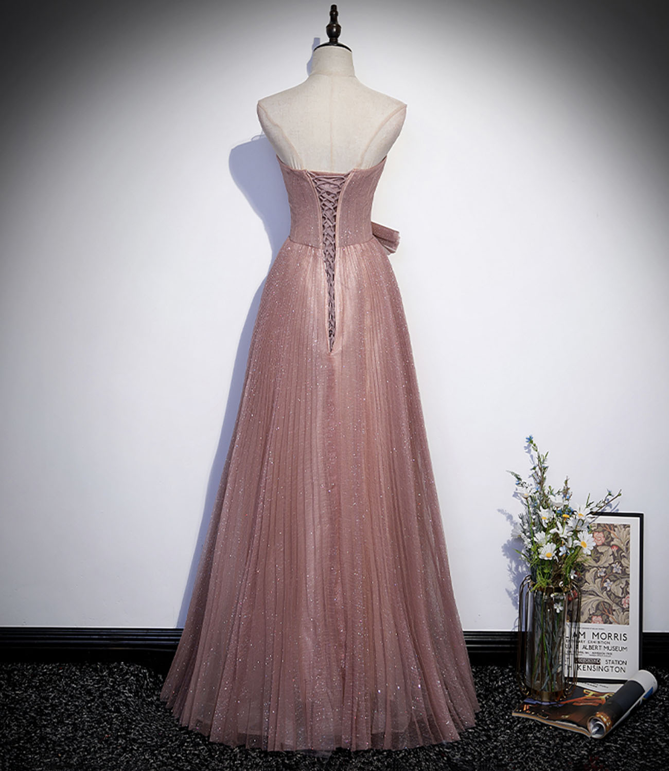 Pink tulle sequins long prom dress A line evening dress  10420