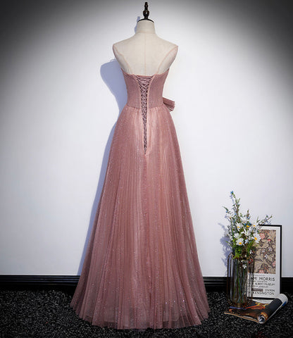 Pink tulle sequins long prom dress A line evening dress  10420