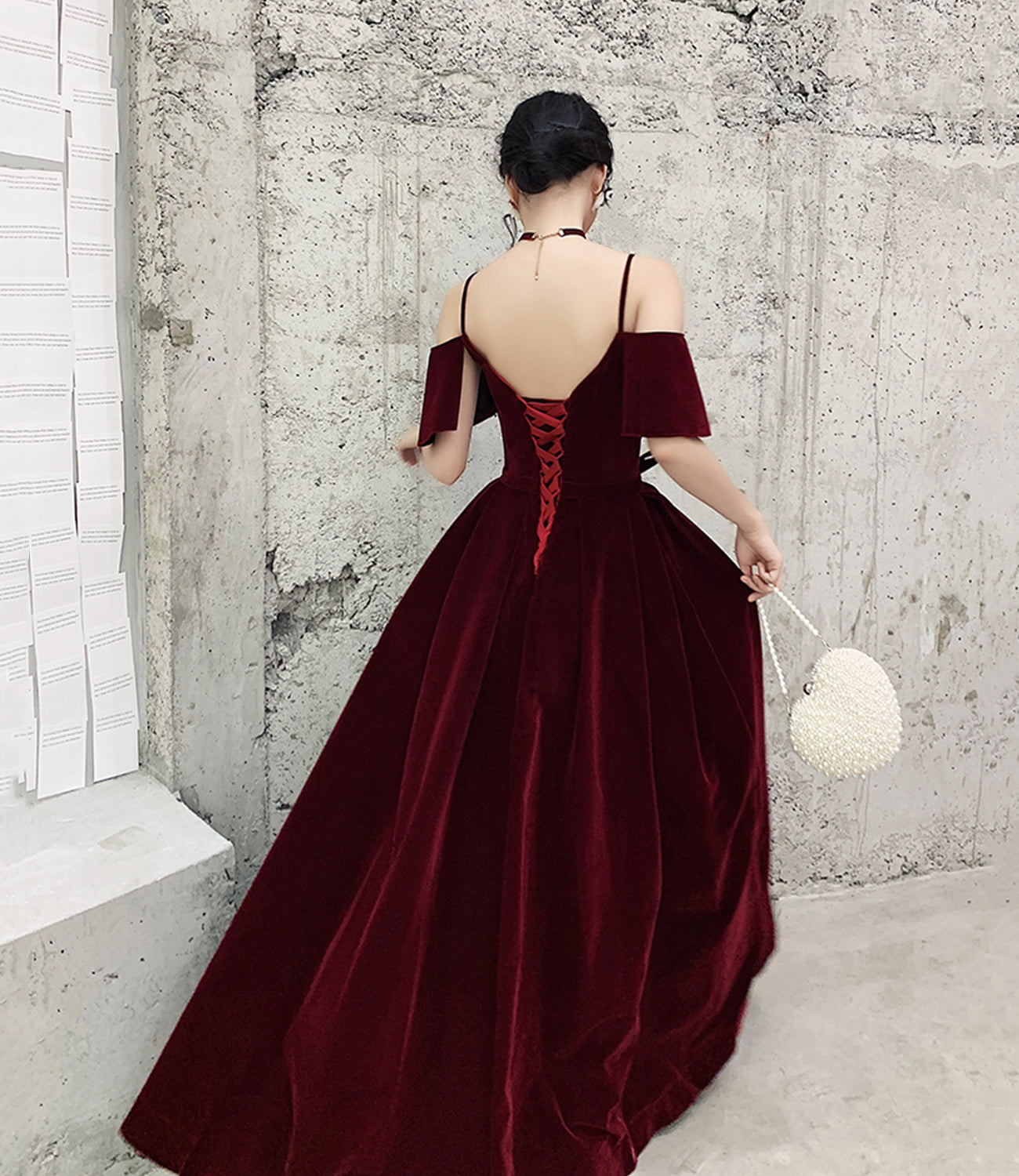Burgundy velvet long prom dress A line evening gown  10370