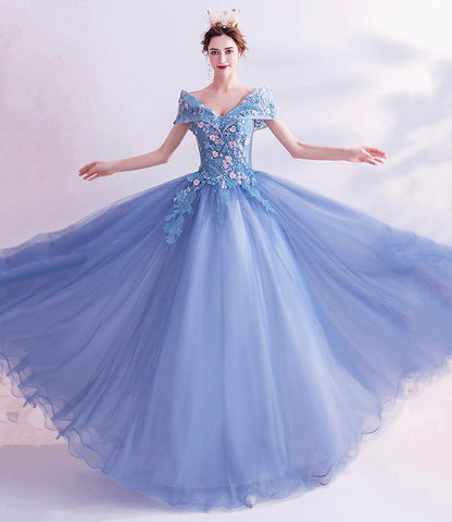 Blue tulle lace long prom dress A line formal dresses  10455