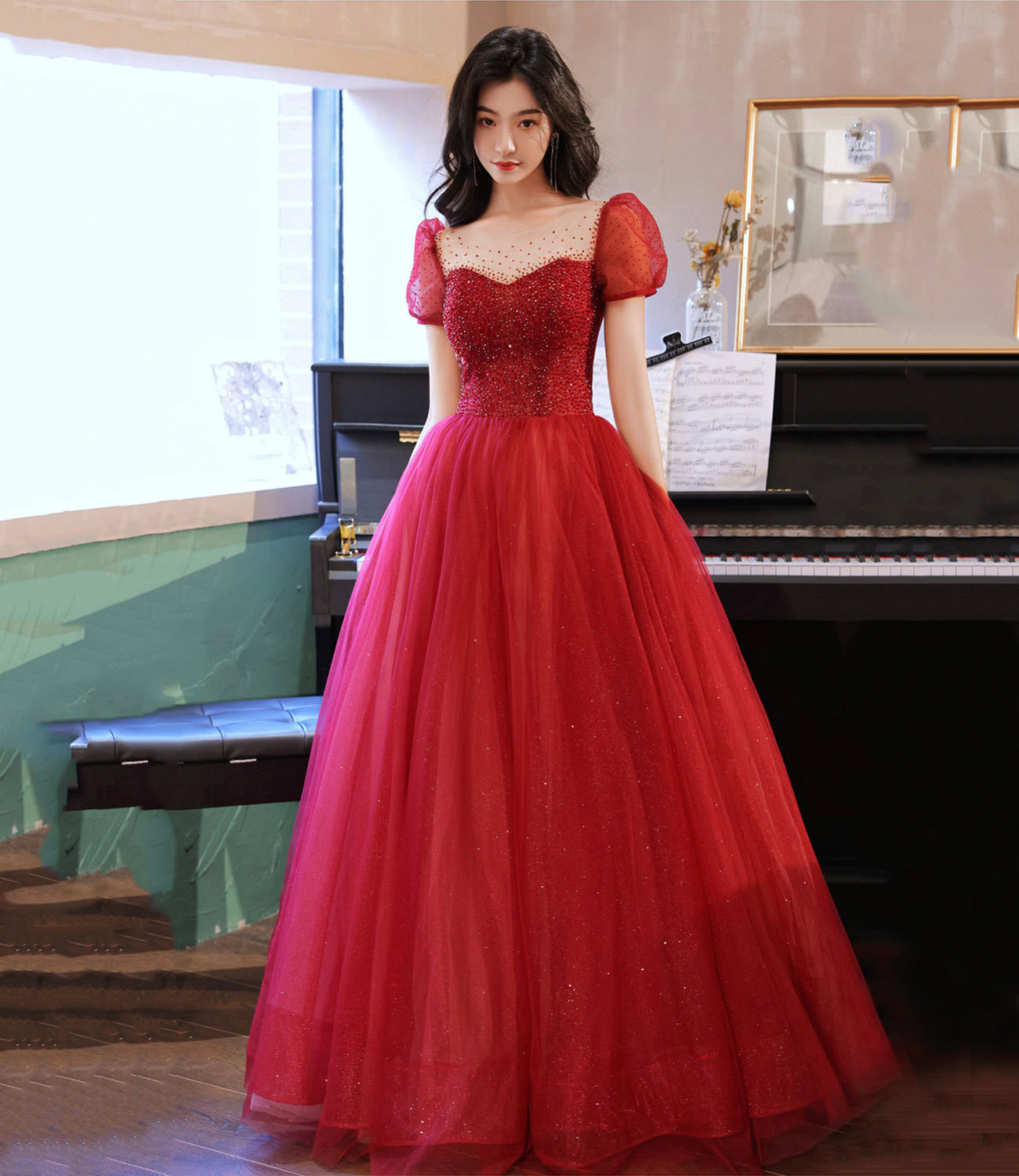 Burgundy tulle beads long prom dress evening gown  10315