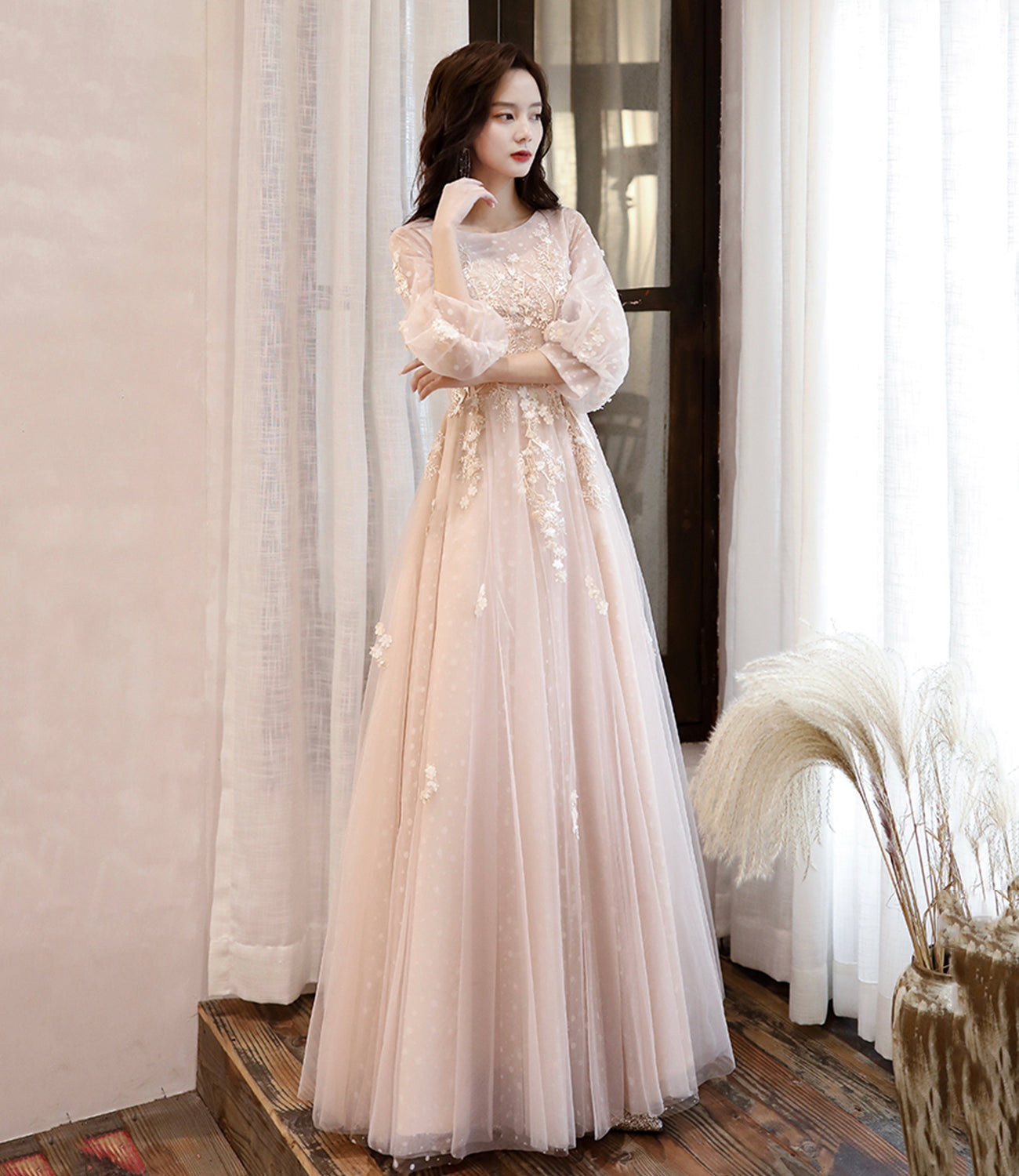 Pink Elegant Fashion A-line Lace Long sleeves Long Tulle Ball Gown Evening Gown Bridesmaid Dress  10468