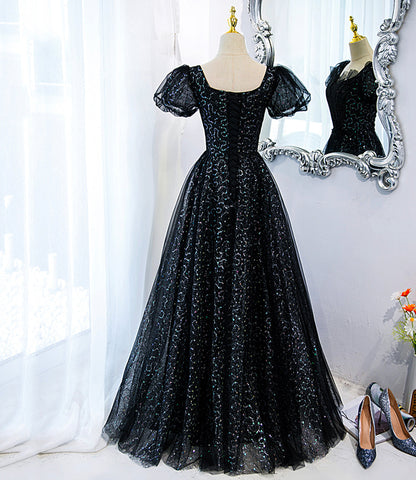Black tulle sequins long prom dress black evening dress  10467