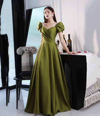 Green satin long prom dress A line evening dress  10431