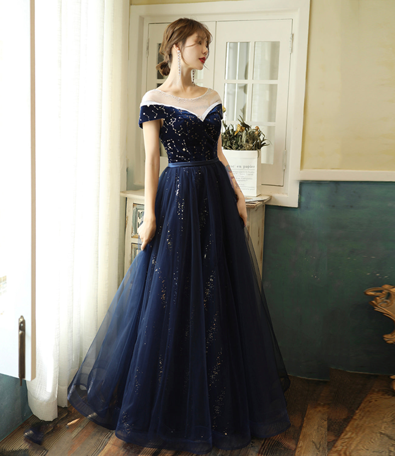 Blue velvet tulle long prom dress evening dress  10384