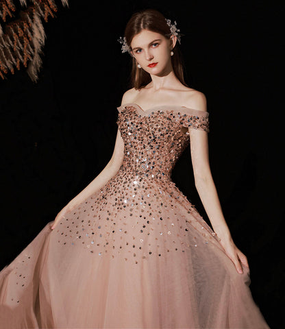Shiny tulle sequins long prom dress A line evening gown  10415