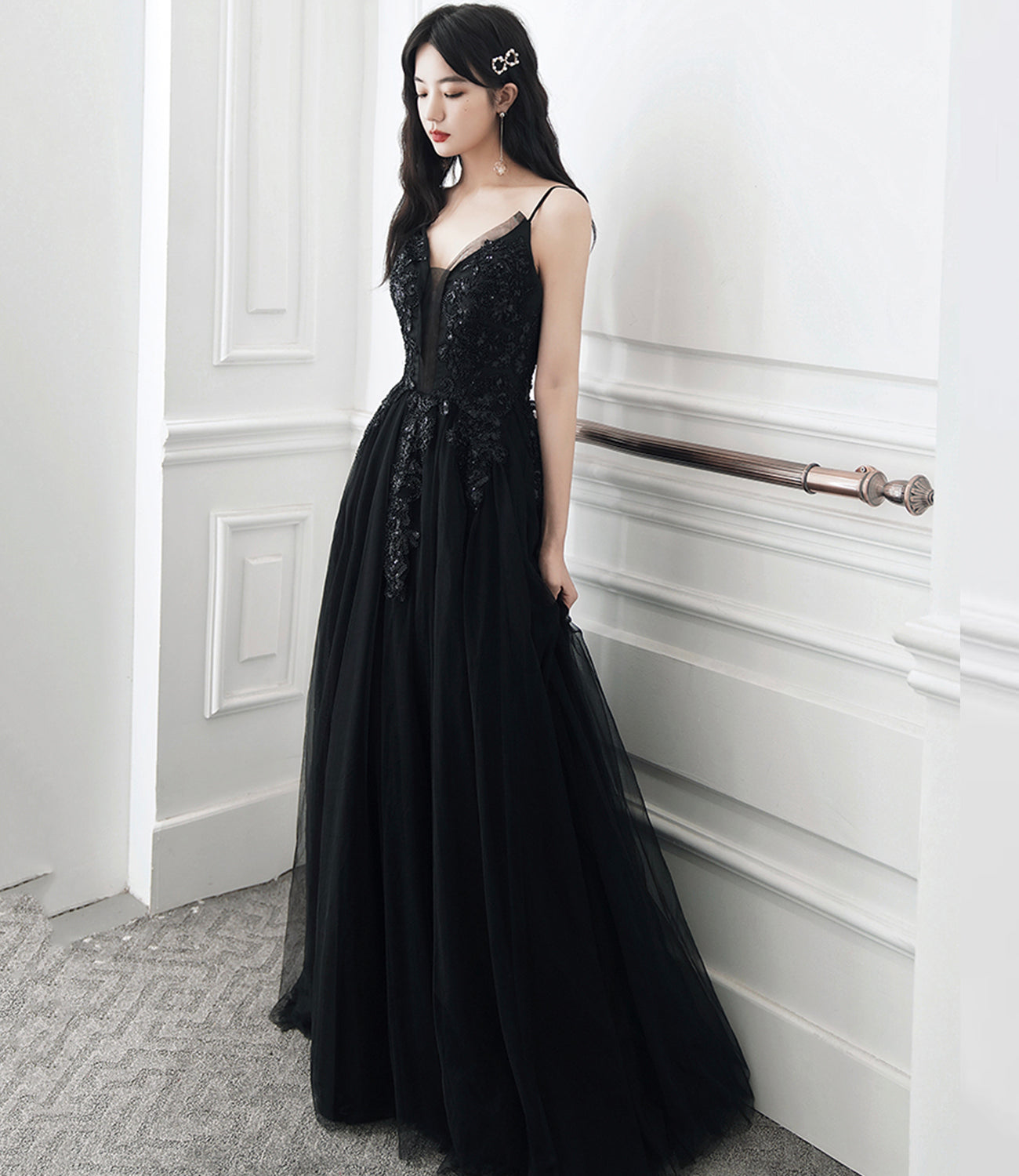 Black tulle sequins long prom dress evening dress  10391