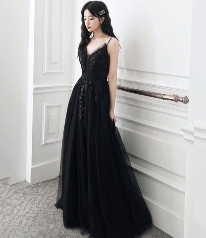 Black tulle sequins long prom dress evening dress  10391